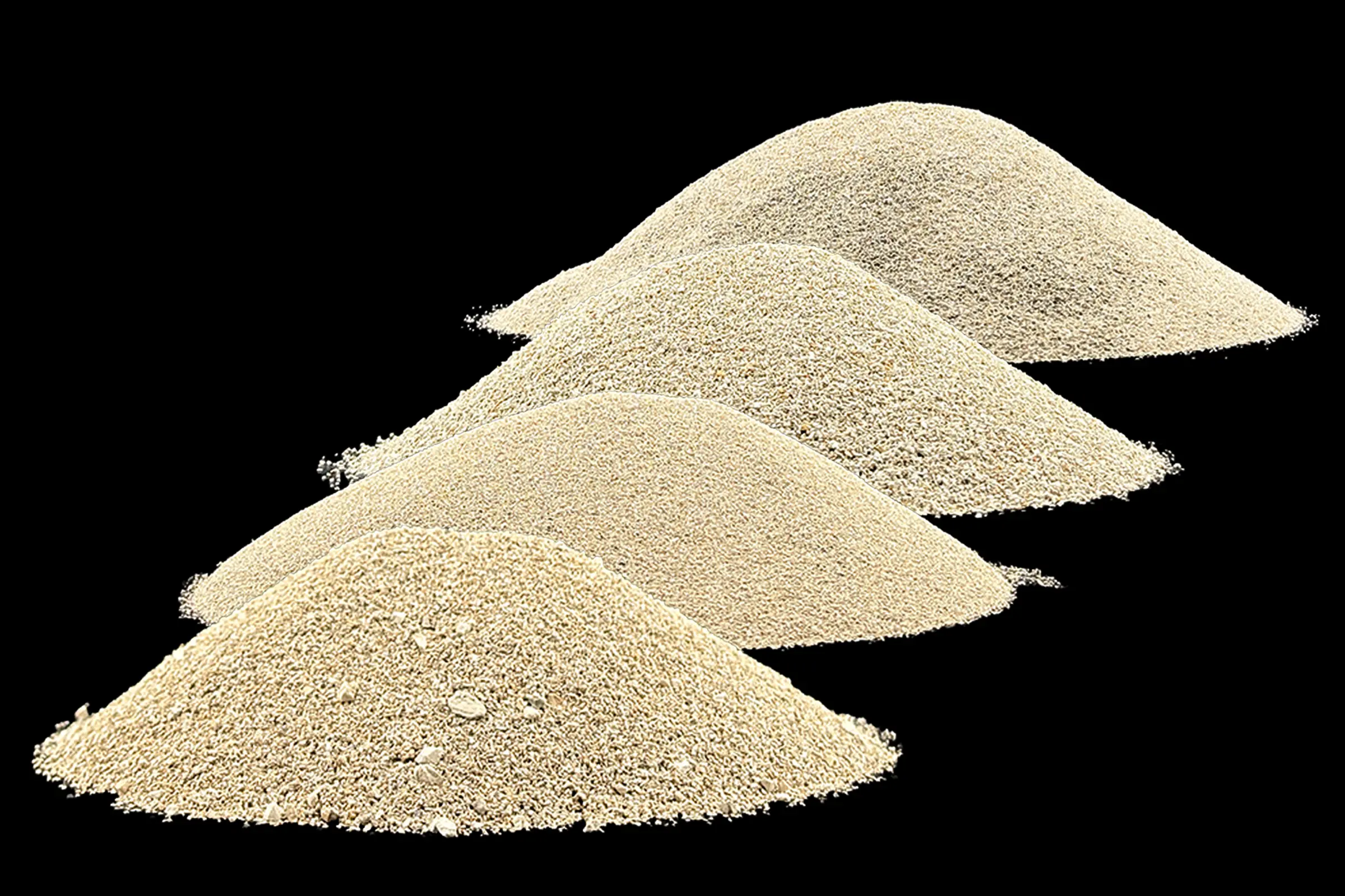Four piles of Cannagas Supply Strainer granular filtration media — S1, S1M, S2, and S2M — on a black background showing varying granule sizes and chemistries